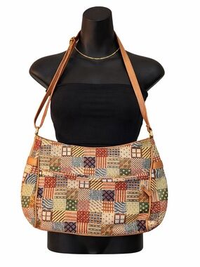 Tapestry Patchwork Hobo Bag in Multicolor Tan Trim
